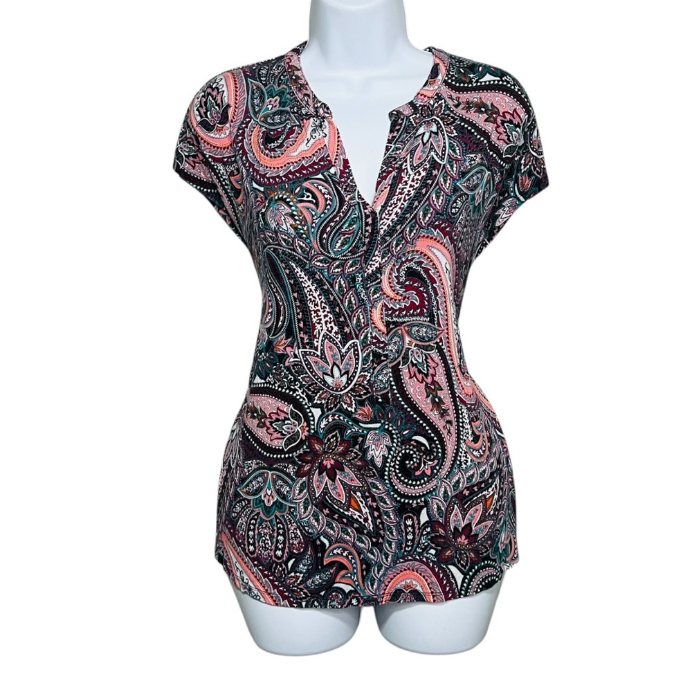 Dana Buchman Women’s Paisley Print Blouse Size L Short Sleeve V-Neck Top